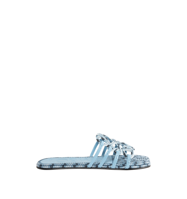 Image 1 of 4 - BLUE - LOEWE PAULA'S IBIZA Petal Anagram slide in all-over embroidered cotton canvas blending mixed shades of color threads, featuring a cut-out Anagram upper with hand-stitched seams, petal toe shape, 5mm heel, embossed LOEWE on the insole, padded insole with partial leather covering and rubber-injected island on the outsole. Embroidered canvas. Made in Italy.