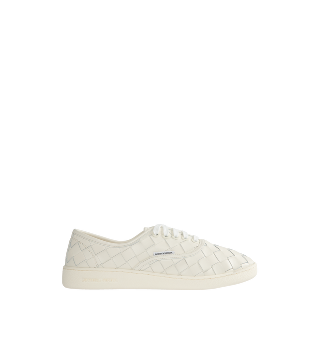 Image 1 of 5 - WHITE - BOTTEGA VENETA Sawyer Sneakers featuring lace-up closure, logo flag at side, buffed calfskin and suede lining, logo embossed at textured rubber midsole and treaded rubber sole. Upper: calfskin. Sole: rubber. Made in Italy. 