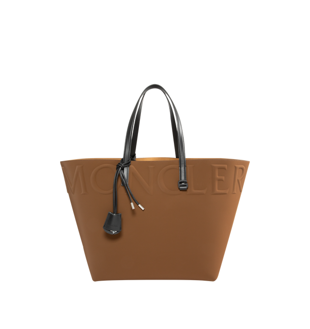 Image 1 of 3 - BROWN - MONCLER Very Tote Bag featuring rubberized nylon, micro suede lining, smooth calf leather trim, leather handles, inner zipped pouch, leather key chain and logo detail. W 38 cm x H 38.5 cm x D 17 cm. 100% polyester. Lining: 100% polyamide/nylon.