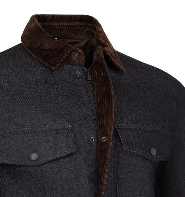 Image 3 of 4 - BLUE - MONCLER Denim Corduroy-Trimmed Shirt Jacket featuring comfort denim, rainwear lining, corduroy collar, long sleeves, zipper and snap button closure, chest pocket with snap button and zipper closure and adjustable cuffs. 75% cotton, 24% polyester, 1% elastane/spandex. Lining: 100% polyamide/nylon. 100% cotton.