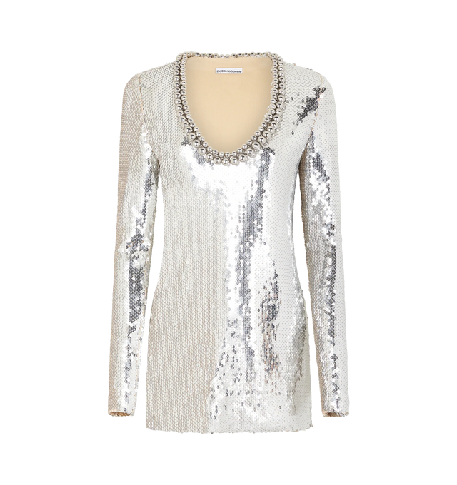 Image 1 of 3 - SILVER - RABANNE Sequined Minidress featuring silverstone beaded trim, v-neck, long sleeves, mini length and pulls over. 60% cupro, 30% polyester, 10% polyamide. Lining: 90% polyamide, 10% elastane. 