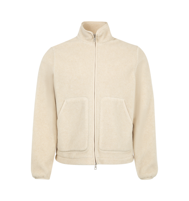 Image 1 of 1 - CREAM - Moncler Men's Full Zip Up Fleece is crafted from a soft fleece blend and features a full-zip silhouette designed for comfortable layering. Detailed with a two-way zip closure, two front pockets, and a leather logo patch at the left sleeve. Main Material: 73% Polyester, 27% Acrylic. Lining: 100% Polyester. Leather Details.