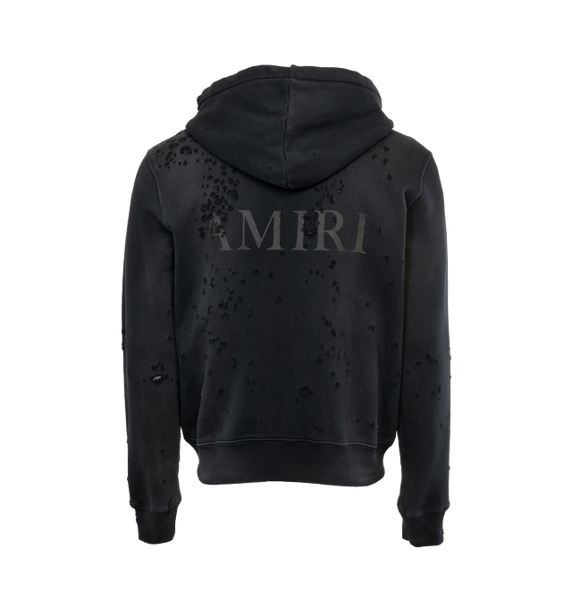 Image 2 of 4 - BLACK - AMIRI MA Logo Shotgun Zip Hoodie featuring double zip front closure, ribbed hem and cuff, distressing throughout and logo on front and back. 100% cotton. 