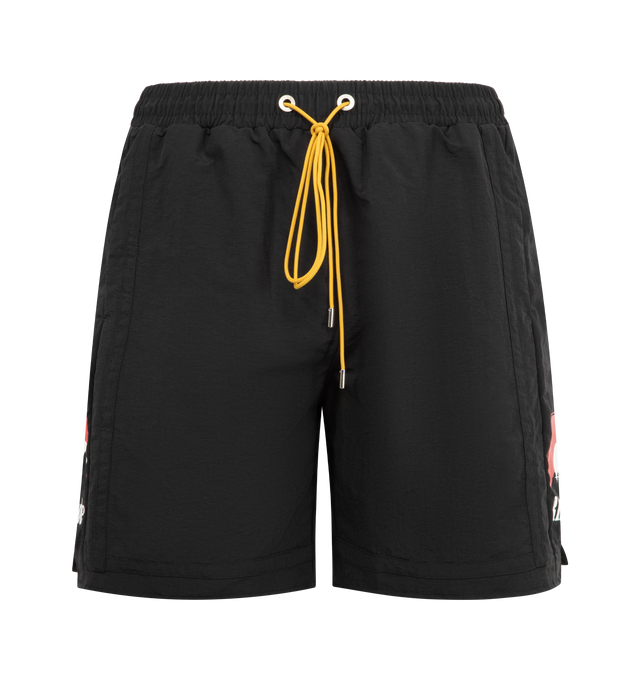 Image 1 of 3 - BLACK - RHUDE Moonlight Shorts featuring nylon taffeta shorts, drawstring at elasticized waistband, three-pocket styling, vented cuffs, logo graphic printed at outseams and full twill lining. 100% nylon. Lining: 100% polyester. Made in United States.
