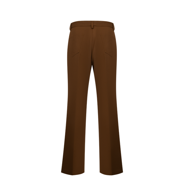 Image 2 of 3 - BROWN - SECOND LAYER Angel Trousers featuring relaxed flared fit with a fully constructed waistband, metal shank closure, zip fly, front scalloped pockets, two back patch pockets and IMF contrast stitching along the pockets and side seams. 100% polyester. Made in Italy.