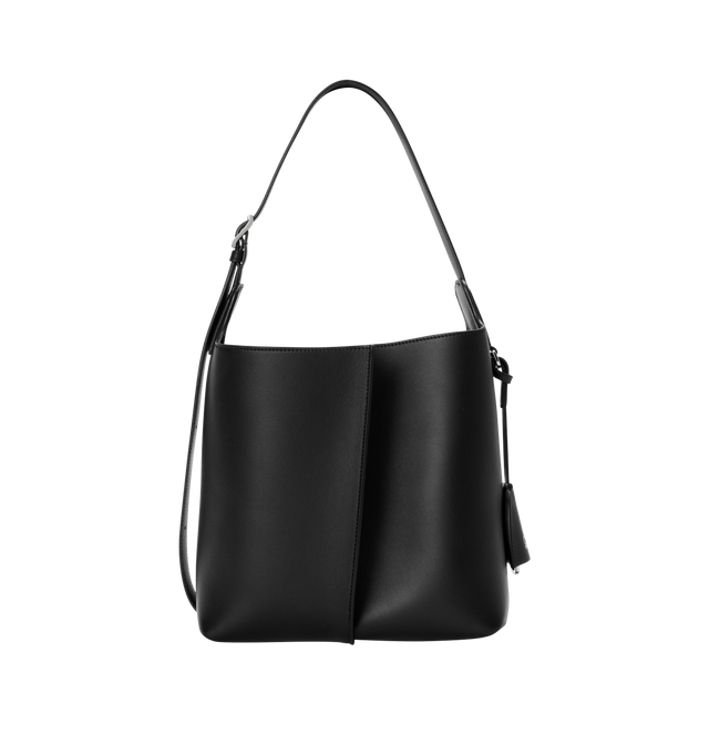 Image 2 of 5 - BLACK - LOEWE Medium Bilbao Bucket Bag in smooth calfskin featuring a trapeze shape bucket bag with a minimalist and graphic design, shoulder or crossbody carry, adjustable strap, detachable double L-embossed leather bell with concealed functional bottle opener, additional external d-ring for personalisation, hook closure to secure belongings, suede lining and embossed LOEWE. Smooth calf. 24 cm x 13 cm x 25 cm. Made in Spain.