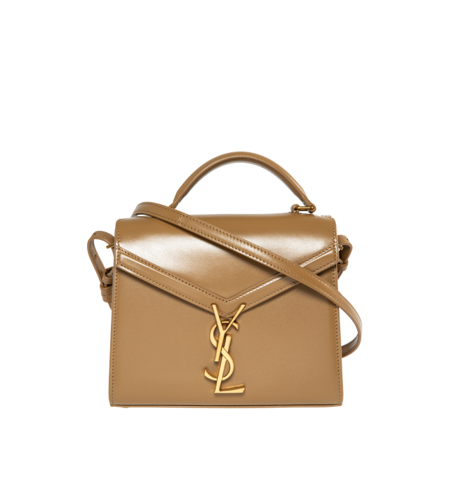 Image 1 of 3 - BROWN - SAINT LAURENT CASSANDRA MINI TOP HANDLE BOX BAG with front flap and pivoting metal Cassandre closure, featuring leather top handle, adjustable and detachable shoulder strap, bronze tone metal hardware,  leather lining, 2 interior compartments, one interior flat pocket, one exterior dossier pocket, four metal feet. Measures  7.8 X 6.2 X 2.9 inches with 20 inch drop shoulder strap. Calfskin leather. Made in Italy. 