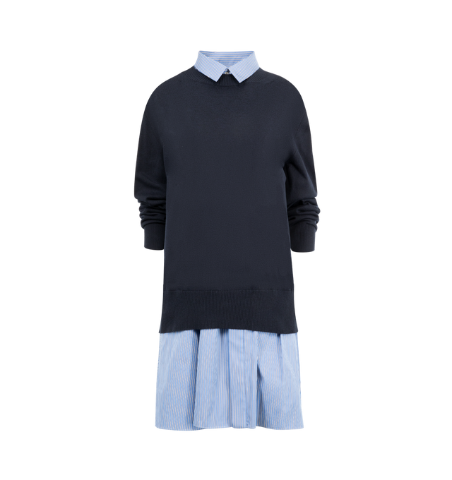 Image 1 of 3 - NAVY - SACAI Poplin x Cotton Knit Dress featuring relaxed fit, knee length, mixed material, knit overlay and cotton poplin underlay. 100% cotton.