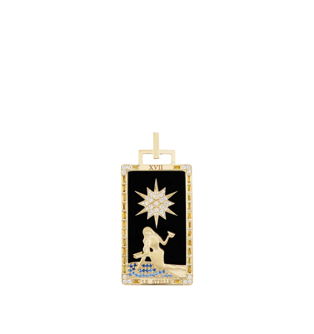 Image 1 of 1 - GOLD - SORELLINA Le Stelle Piccola Tarot Card Pendant featuring 18k yellow gold pendant with 5.10 ctw onyx, 0.65 cttw yellow sapphire, 0.10 cttw blue sapphre, 0.19 cttw G-HSI diamond. This pendant is 32 mm x 19 mm.