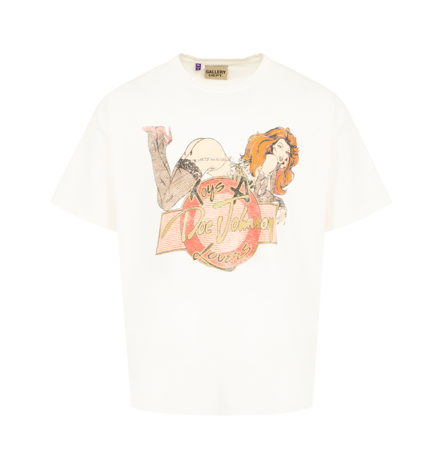 Image 1 of 2 - WHITE - GALLERY DEPT. Doc Johnson Toys 4 Love Tee featuring faded graphic print on both the front and back, back graphic layered with GD ENGLISH logotype rendered in gold glitter, relaxed 90's fit, short sleeves and crew neck. 100% cotton. Made in USA.