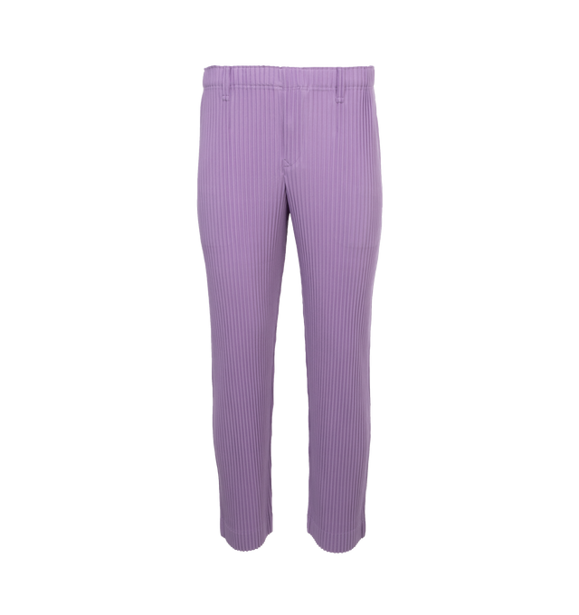 Image 1 of 4 - PURPLE - ISSEY MIYAKE TWEED PLEATS PANTS featuring a straight shape, full-length hem, elastic waist and two pockets. 100% polyester. 