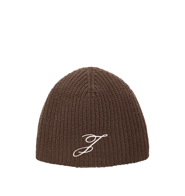 Image 1 of 2 - BROWN - JACQUEMUS Le Bonnet Espiral Merino Wool Beanie featuring ribbed knit, extrafine Italian wool and embroidered with monogram. 100% merino wool. Made in Italy.