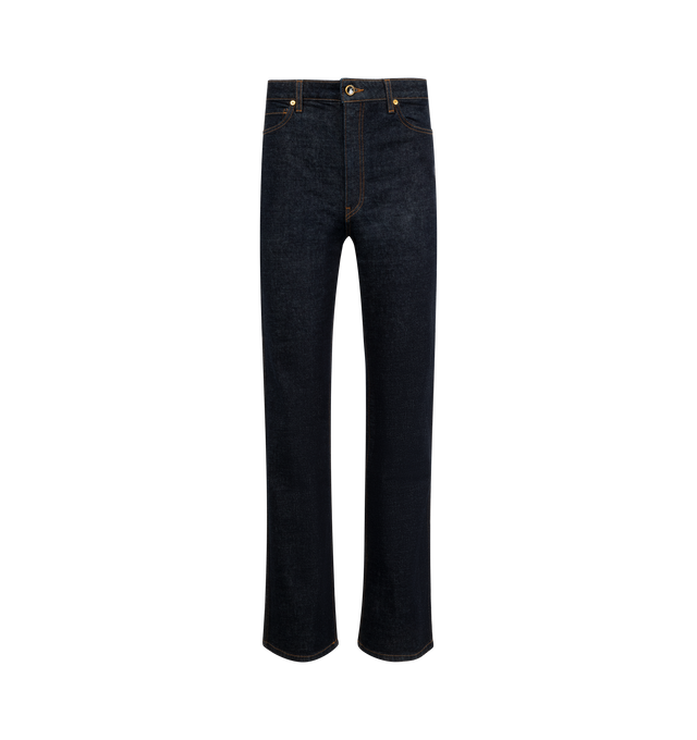 Image 1 of 3 - BLUE - KHAITE Danielle Jean featuring a high-rise style that flatters with a stovepipe silhouette, marigold topstitching and enameled button. Hand finished. 98% cotton, 2% polyurethane.