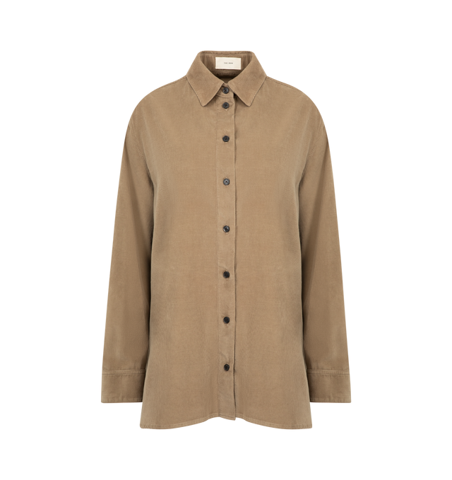 Image 1 of 2 - BROWN - THE ROW Sisilia Shirt featuring front button closure, button cuffs, midweight poplin fabric, collar and long sleeves. 100% cotton. Made in Italy.