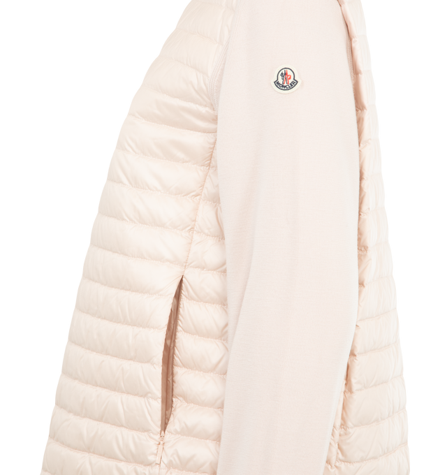 Image 2 of 2 - PINK - MONCLER Padded Wool Zip-Up Cardigan featuring ultra-fine wool, nylon lger lining, down-filled nylon lger front, plain knit, gauge 14, zipper closure and zipped pockets. 100% polyamide/nylon. 100% virgin wool. Padding: 90% down, 10% feather. Made in Moldova.