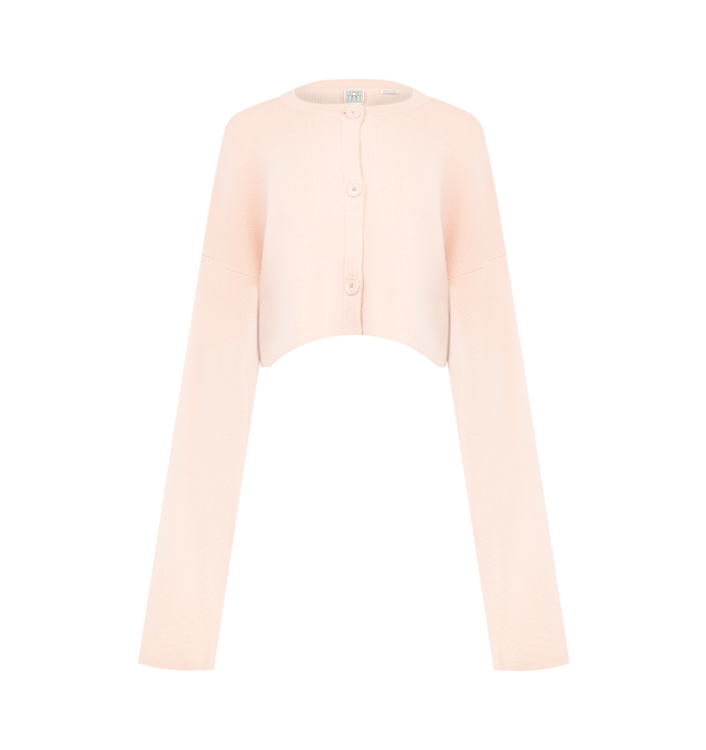 Image 1 of 2 - PINK - TOTEME Cropped Oversized Cardigan featuring cardigan knitted from double-faced wool to a cropped, oversized silhouette with voluminous sleeves that extend past the fingertips, metal tonal buttons fasten the front and dropped shoulders. 92% RWS wool, 7% polyamide, 1% elastane.