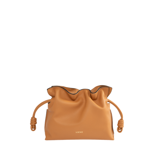 Image 1 of 3 - BROWN - LOEWE Flamenco Mini Napa Drawstring Clutch Bag featuring suede lining, coiled knot drawstring and hidden magnetic closure. 7"H x 9.4"W x 3.5"D. Convertible shoulder strap: 11 1/2" 23 1/2" drop. Nappa calf. Made in Spain.