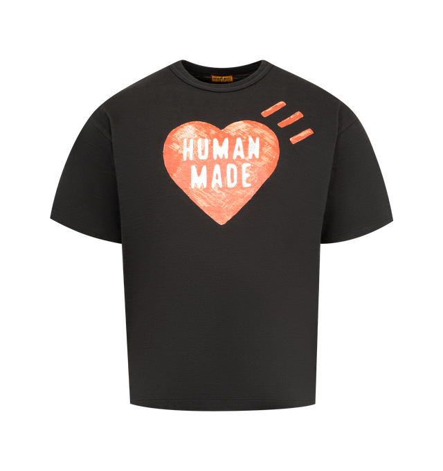 Image 1 of 2 - BLACK - HUMAN MADE Graphic T-shirt #14 featuring crewneck, double binder neck design, short sleeves, rounded body with no seams, graphic logo print at front and back and straight hem. 100% cotton. Made in Japan.