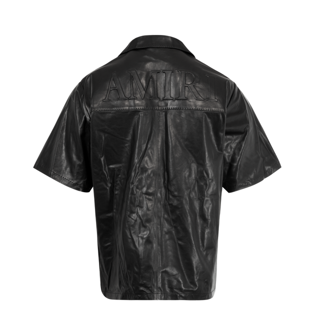 Image 2 of 2 - BLACK - AMIRI Lightweight Leather Camp Shirt featuring front button closure, chest slip pocket, front and back embossed logo detailing and midweight leather fabric. 100% lamb leather. Made in Turkey.