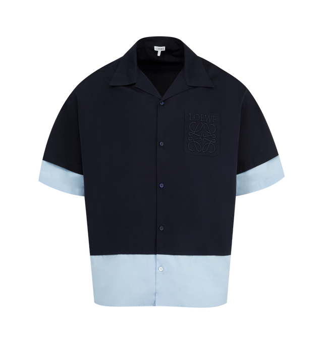 Image 1 of 2 - NAVY - Loewe Men's Shirt in lightweight cotton poplin featuring a trompe loeil construction. Relaxed fit, regular length featuring camp collar, button front fastening and LOEWE Anagram embroidery placed on the chest patch pocket. Made in Italy.