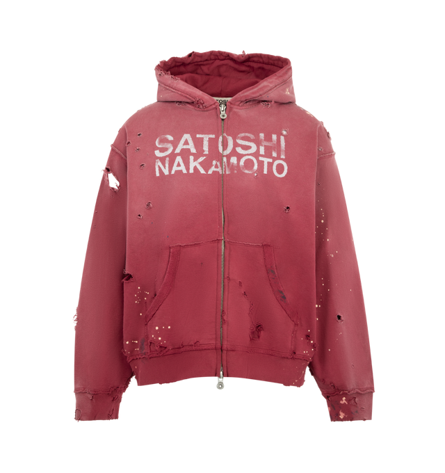Image 1 of 2 - RED - SATOSHI NAKAMOTO Luke Fleece Hoodie featuring zip front closure, fixed hood, long sleeves, distressed throughout, ribbed cuffs and hem, front pouch pockets and logo on front. 100% cotton.