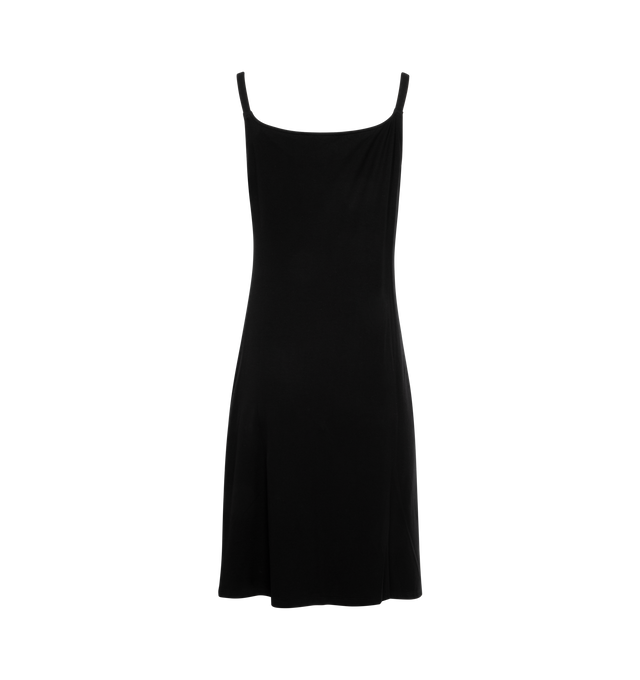 Image 2 of 3 - BLACK - RABANNE Gathered Midi Dress featuring straight neck, fixed elasticized shoulder straps, offset press-stud closure, gathering at front, asymmetric hem, vented outseam and unlined. 92% viscose, 8% elastane. Made in Portugal. 