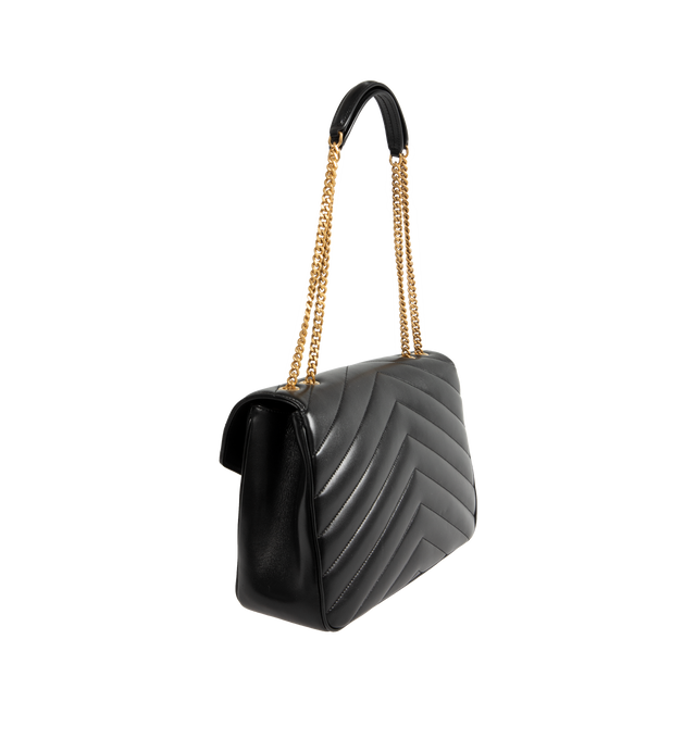 Image 2 of 4 - BLACK - SAINT LAURENT Loulou Large Bag featuring chain bag in soft lambskin with chevron-quilted topstitching, a removable leather pouch and pocket mirror, a sliding chain strap, grosgrain lining, bronze-toned hardware, magnetic snap closure and one flat pocket. 12.6" x 8.7" x 3.9". 90% lambskin, 10% brass. Made in Italy.