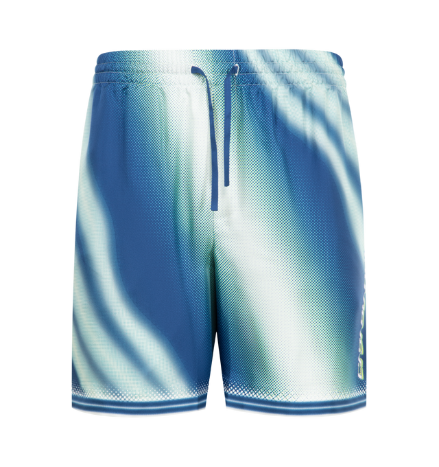 Image 1 of 3 - BLUE - CASABLANCA For The Love Of Dance Silk Shorts featuring elastic waist, front drawstring details, side pockets, back patch pocket with logo and straight hem. 100% silk. Made in Italy.