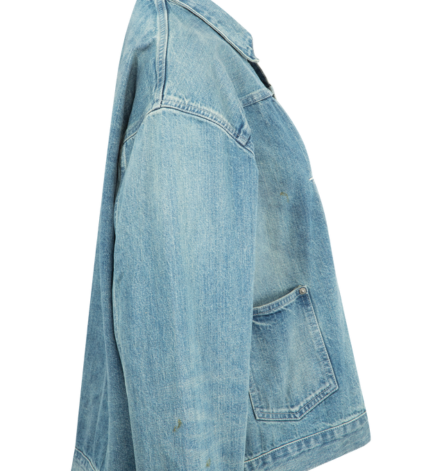 Image 3 of 3 - BLUE - CHIMALA Amoskeag Selvedge Denim Chore Jacket featuing button up front, button cuffs, foldover collar, single chest pocket, two waist pockets and tonal stitching. 100% cotton. Made in Japan.