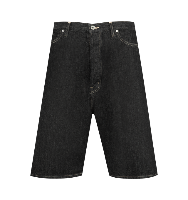 Image 1 of 3 - BLACK - STUDIO NICHOLSON Marylebone Denim Short featuring premium 12.5oz Japanese denim, classic five-pocket silhouette with a dropped crotch and topstitched edges, wide, generous cut through the thigh, relaxed fit, button fly and rear leather patch. 100% cotton. Made in Japan.