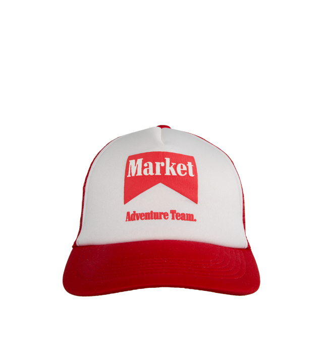 Image 1 of 2 - RED - MARKET Adventure Team Trucker Hat featuring canvas with neoprene graphic front, adjustable back strap and mesh back. Made in China. 