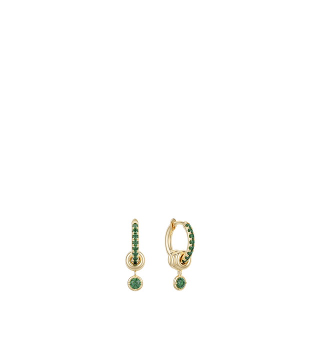 Image 1 of 2 - GOLD - Spinelli Kilcollin Zahra Pav Hoop Earrings display a familiar, streamlined silhouette and comfort closure in 18k gold with pav-set stones. Three annulets adorn each hoop, the center of which bears a drop charm for added contrast and movement. Each Zahra Pav Hoop Earring is individually handmade in Los Angeles. Hoops: 18k yellow gold, 2mm gauge, 9mm internal diameter. Stones: Emeralds (approx. 0.39 cttw). Annulets: 18k yellow gold. Sold as a pair.Hirshleifers offers a range of pieces fr