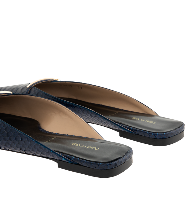 Image 3 of 4 - BLUE - TOM FORD Python Embossed Pointed Toe Mule featuring snake-embossed leather slip-on flats, pointed toe, strap and logo hardware at vamp, logo printed at footbed, stacked leather heel and leather sole. Upper: leather. Sole: leather. Made in Italy.