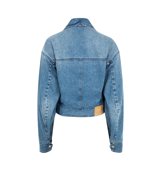 Image 2 of 2 - BLUE - ISABEL MARANT Santa Cropped Denim Jacket featuring a cropped silhouette, buckle detailing at the hem, cinched fit, zip front closure and classic collar. 100% cotton. Made in Morocco.