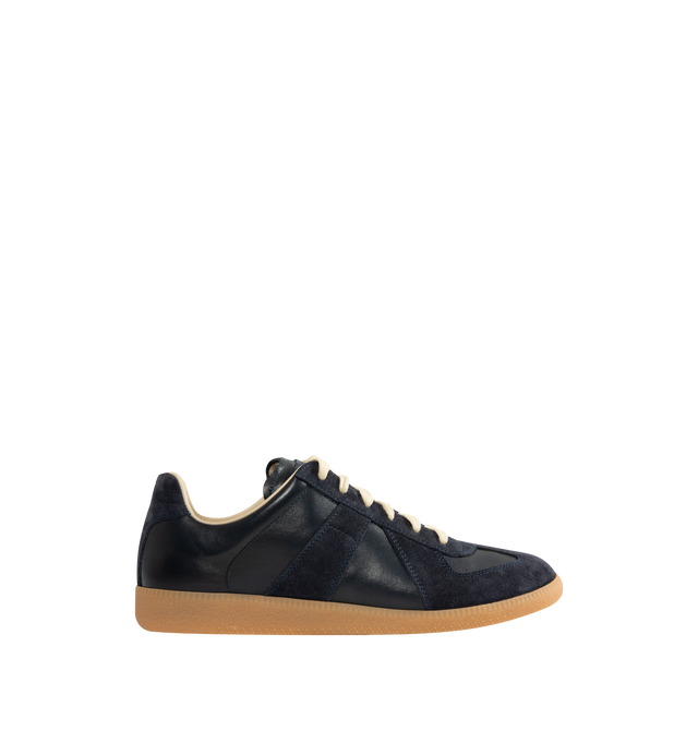 Image 1 of 5 - NAVY - MAISON MARGIELA Replica Sneakers featuring lace-up sneakers in buffed nappa calfskin and calfskin suede, contrasting sole, Maison Margiela logo label on the tab, internal Replica label, internal elastic and all-over Maison Margiela logo insole. 100% calf leather. Sole: 100% rubber. Made in Italy.