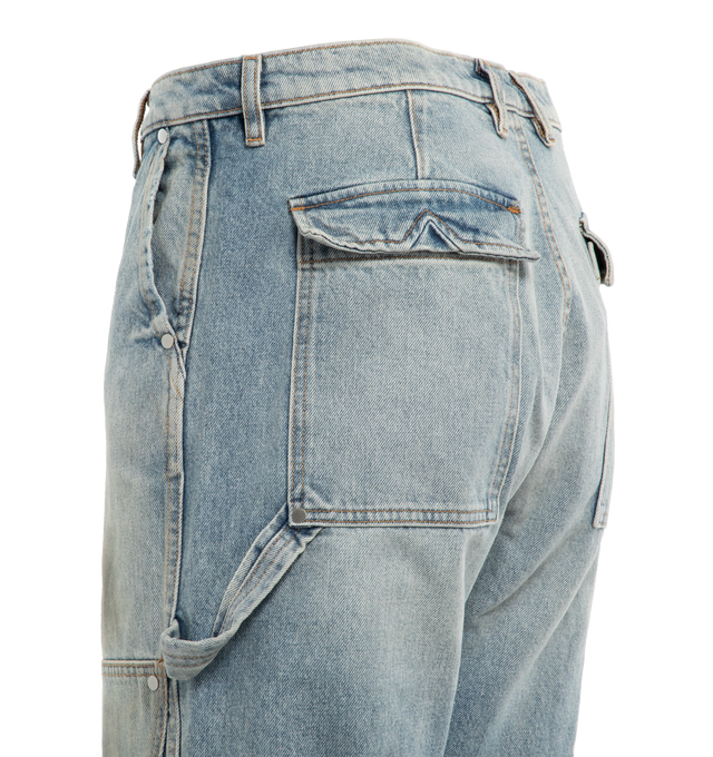 Image 3 of 3 - BLUE - RHUDE Reza double knee denim pants featuring removable contrast drawstring,  flap back pockets, contrast stitching and a zip fly wiuth button closure. 100% cotton. Made in USA. 