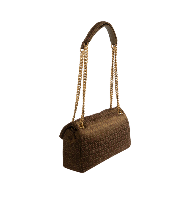 Image 2 of 4 - BROWN - SAINT LAURENT Calypso Small Bag featuring supple bag in medallion jacquard, decorated with the cassandre, sliding chain strap, cotton lining, bronze-tone hardware, magnetic snap closure and one zip pocket. 10.2 x 5.5 x 2.7 inches. Handle drop: 10.620.1 inches. Acetate, viscose, polyester, metal. Made in Italy.