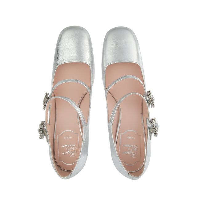 Image 4 of 4 - SILVER - ROGER VIVIER Mini Trs Vivier Strass Buckle Babies Pumps featuring crinkled effect metallic finishing, rounded toe, double front strap and mini crystal buckles. Heel 3.3in. Leather upper. Leather insole and outsole. Made in Italy. 