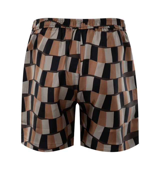 Image 2 of 3 - BROWN - AMIRI Checker Snake Silk Short featuring banded snake, abstracted checker print, side seam pockets and elastic waist with drawstring. 100% silk.  