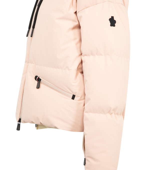 Image 3 of 3 - PINK - MONCLER Allesaz Hooded Down Ski Jacket featuring 2L four-way stretch technical poplin, stretch nylon lining, down-filled, heat-sealed seams, adjustable hood with 2L four-way stretch technical poplin lining, YKK Aquaguard highly water-resistant zipper closure, pockets with YKK Aquaguard highly water-resistant zipper closure, inner media pocket with YKK Aquaguard highly water-resistant zipper closure, inner stretch mesh pocket, ski pass pocket, powder skirt, RECCO reflector, stretch jers