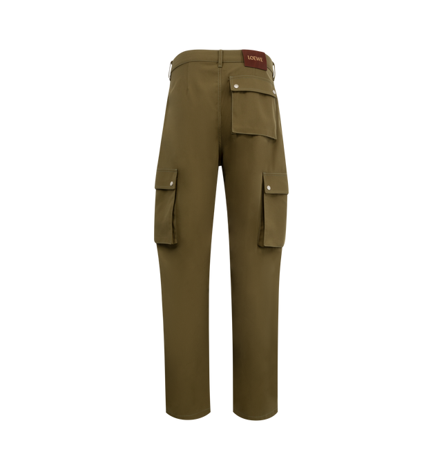 Image 2 of 3 - GREEN - Loewe Men's Cargo Trousers in lightweight compact cotton twill featuring buttoned flap pockets at the sides and back. Regular fit, regular length, mid waist, straight leg, featuring concealed button fly, top-stitched seam pockets and LOEWE embossed leather patch placed at the back. Made in Italy.