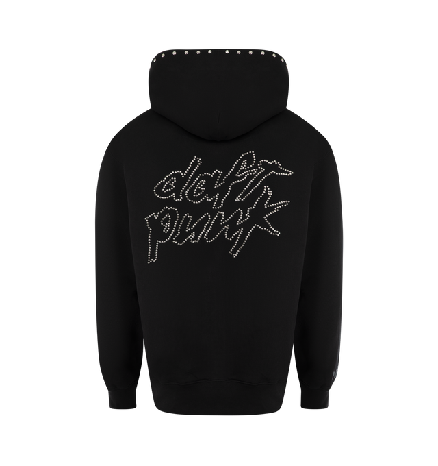 Image 2 of 2 - BLACK - PLEASURES X DAFT PUNK Lucky Studded Hoodie featuring heavyweight french terry fabric, fixed hood, ribbed cuffs and hem, kangaroo pocket, studded detailing on hood and pocket, studded Daft Punk logo on back and embroidered Pleasures wordmark above right cuff. 100% cotton.