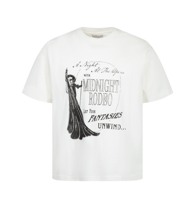 Image 1 of 2 - WHITE - Midnight Rodeo Men's Fantasies T-Shirt is crafted from cotton and features a classic-fit silhouette, short sleeves, and graphic designs on the front and back. Main Material: Cotton.