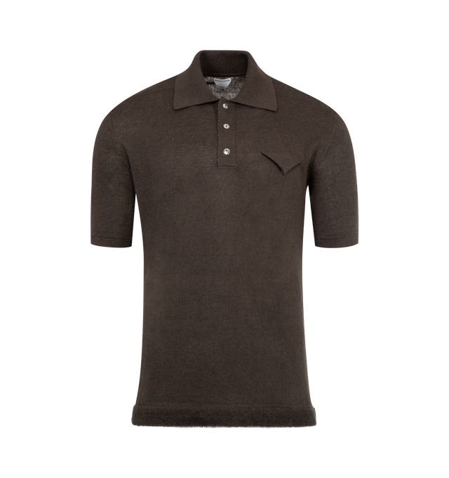 Image 1 of 2 - BROWN - BOTTEGA VENETA Lightweight Linen Polo featuring triangle pocket detail, regular fit, short sleeves, polo collar and three button placket. 100% linen. Made in Italy.