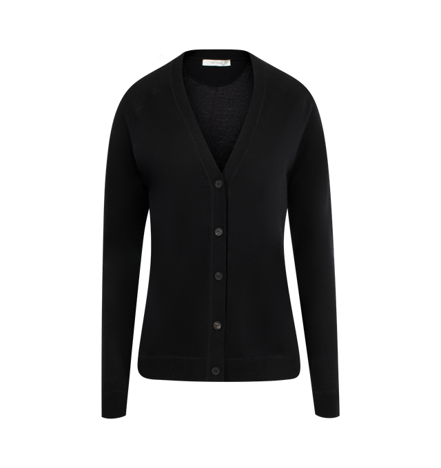 Image 1 of 2 - BLACK - THE ROW Liberty Cardigan in ultrafine cashmere jersey with covered stitch detailing, relaxed fit, v-neck, front button closure, and ribbed cuffs and hem. 100% cashmere. Made in Italy.
