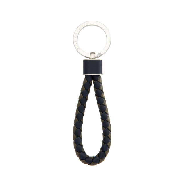 Image 1 of 2 - NAVY - BOTTEGA VENETA Intreccio Key Ring featuring bi-color nappa leather keyring. Lambskin. 5.1 x 1.4 x 0.2. Made in Italy.