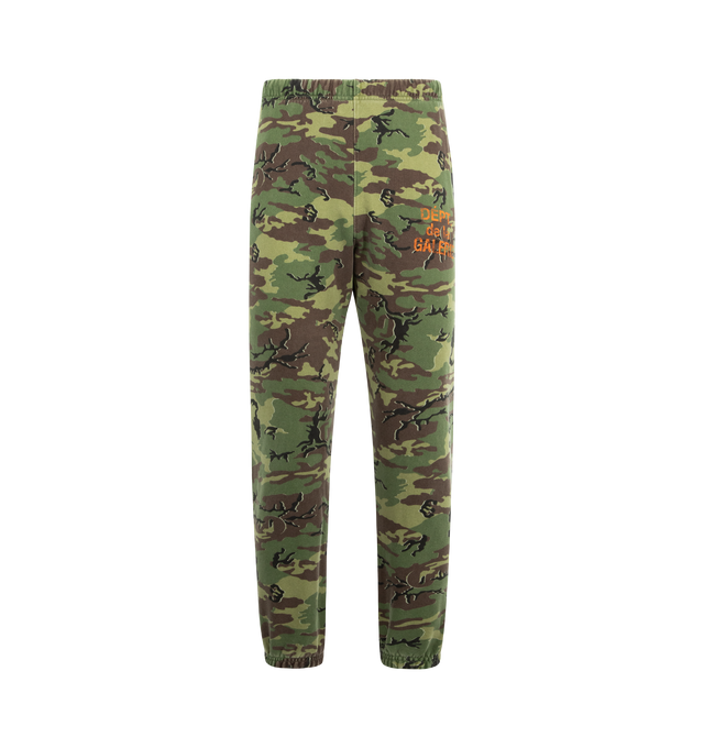 Image 1 of 3 - GREEN - GALLERY DEPT. Sweatpant joggers featuring side pockets, elasticized waistband with inner drawstring, FRENCH DPT. logotype at the hip and all-over camo print. 100% cotton. Made in USA.