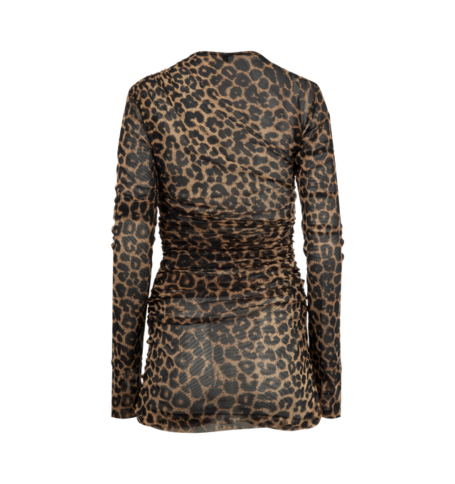 Image 3 of 3 - BROWN - SAINT LAURENT Ruched Mini Dress featuring semi-sheer long-sleeve mini dress with a round neck, ruched bodice, polyamide and elastane lining and leopard tulle jersey. 100% polyamide. Made in France.