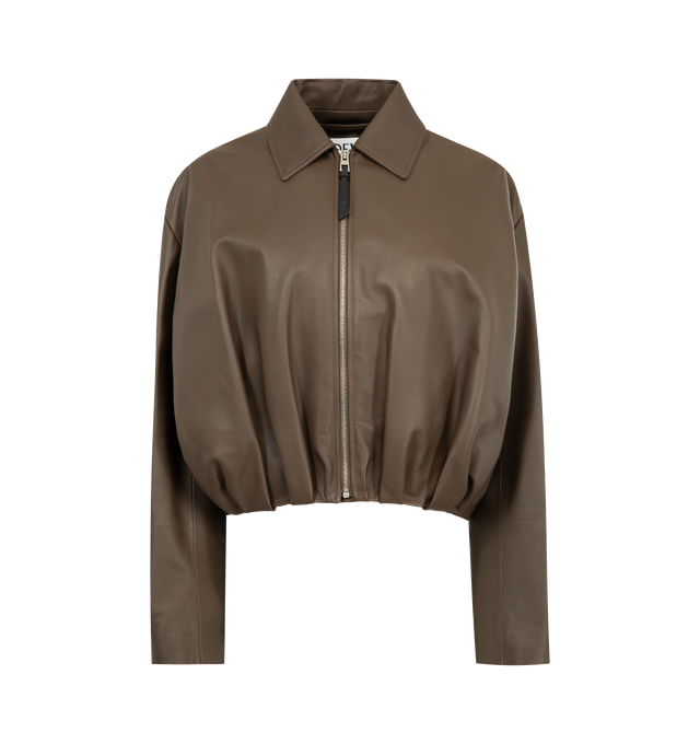 Image 1 of 3 - GREEN - Loewe Jacket in medium-weight nappa calfskin featuring a balloon silhouette with asymmetric hand-gathered draping at the back. Regular fit, short length, classic collar, zip front fastening, seam pockets, fully lined with LOEWE embossed leather patch placed at the back. Made in Italy.