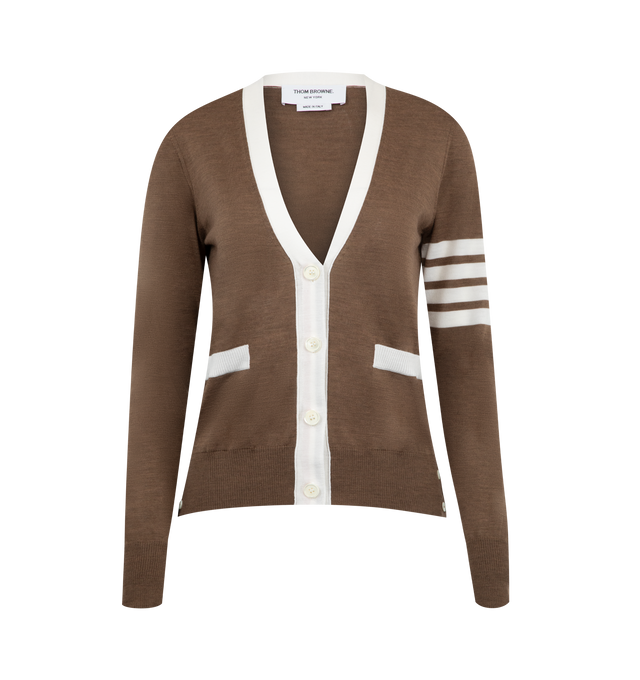 Image 1 of 2 - BROWN - THOM BROWNE WOol 4 Bar V Neck Cardigan featuring fine Merino wool with 4-bar stripe detail at left sleeve, button front closure, two front pockets, buttoned side vents with signature striped grosgrain trim and signature striped grosgrain loop tab at back of neck. 100% virgin wool. Made in Italy.